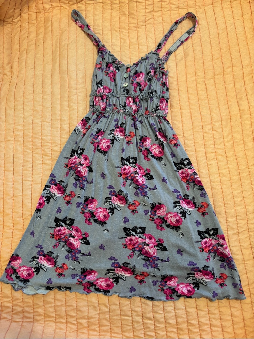 Gray Floral Spaghetti Strap Dress with Pink Roses